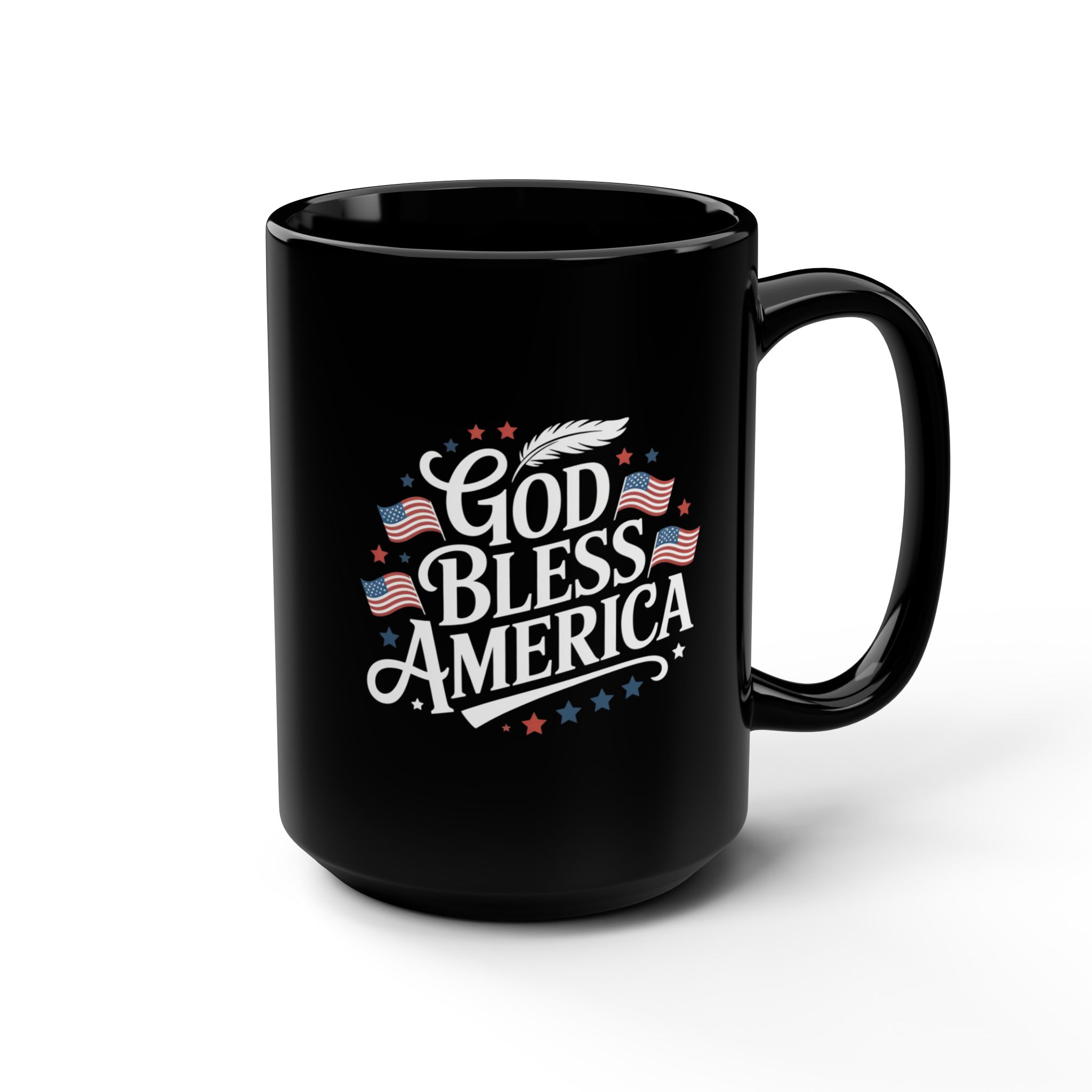 GOD BLESS AMERICA (FLAGS AND STARS), Patriotic Coffee Mug, Black Mug, Gift for Veterans, Fourth of July Decor, USA Spirit, Independence Day
