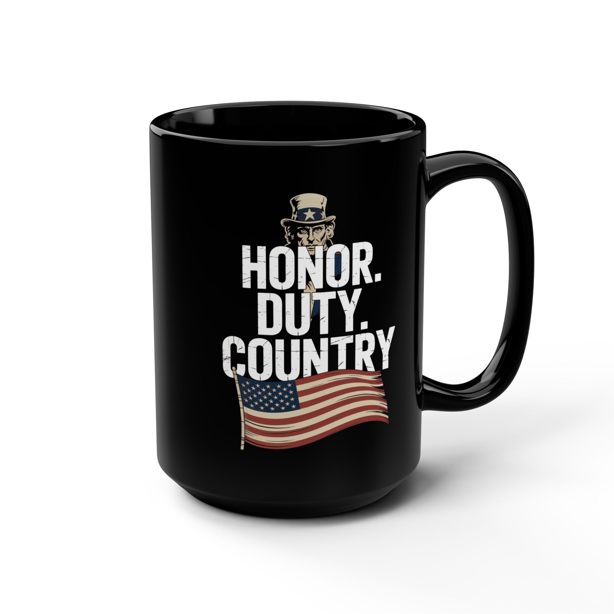 HONOR, DUTY, & COUNTRY, Patriotic Coffee Mug, Black Mug, Gift for Veterans, Fourth of July Decor, USA Spirit, Independence Day
