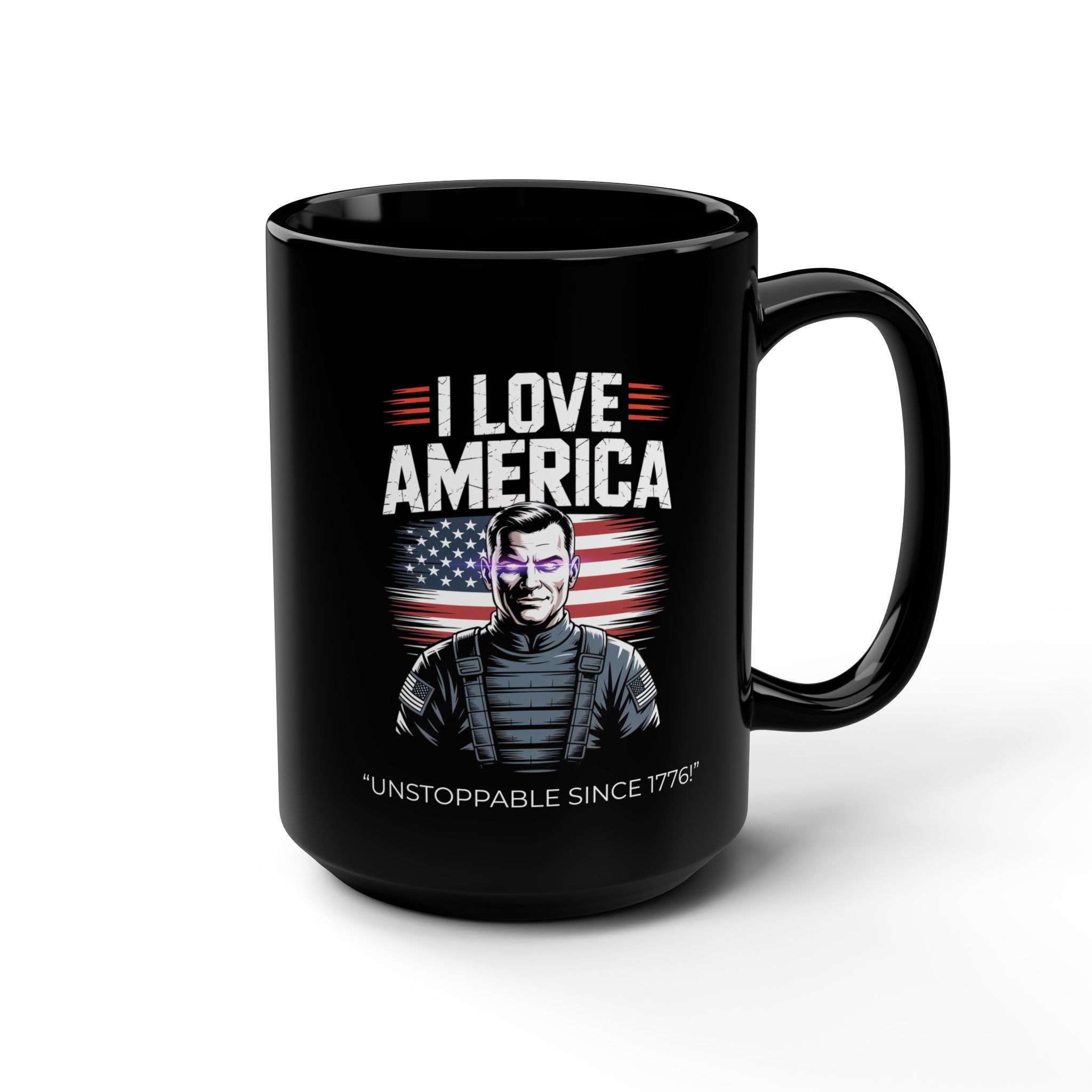 I LOVE AMERICA (UNSTOPPABLE SINCE 1776), Patriotic Coffee Mug, Black Mug, Gift for Veterans, Fourth of July Decor, USA Spirit, Independence Day
