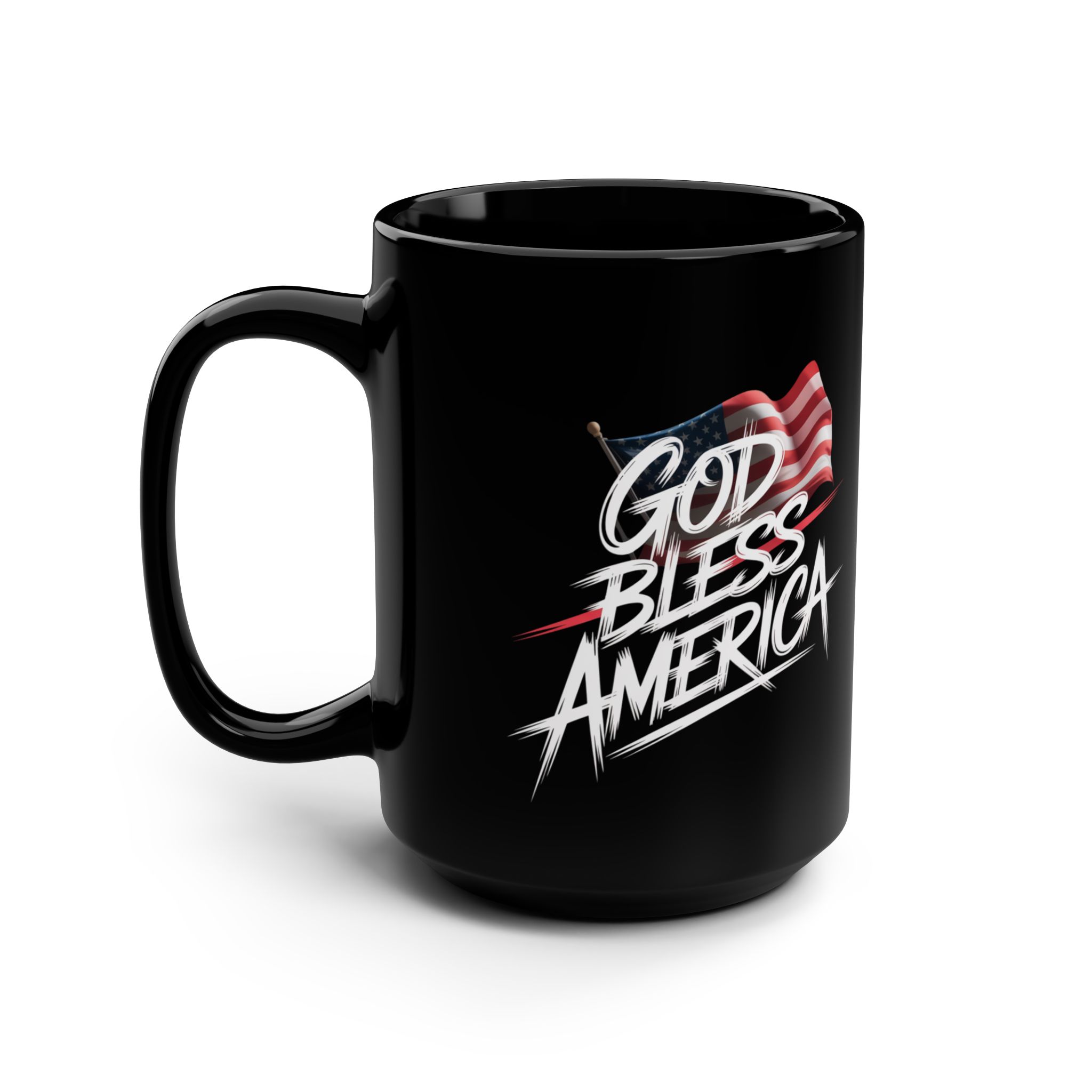 GOD BLESS AMERICA (FLAGS AND MODERN FONT), Patriotic Coffee Mug, Black Mug, Gift for Veterans, Fourth of July Decor, USA Spirit, Independence Day