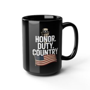 HONOR, DUTY, & COUNTRY, Patriotic Coffee Mug, Black Mug, Gift for Veterans, Fourth of July Decor, USA Spirit, Independence Day