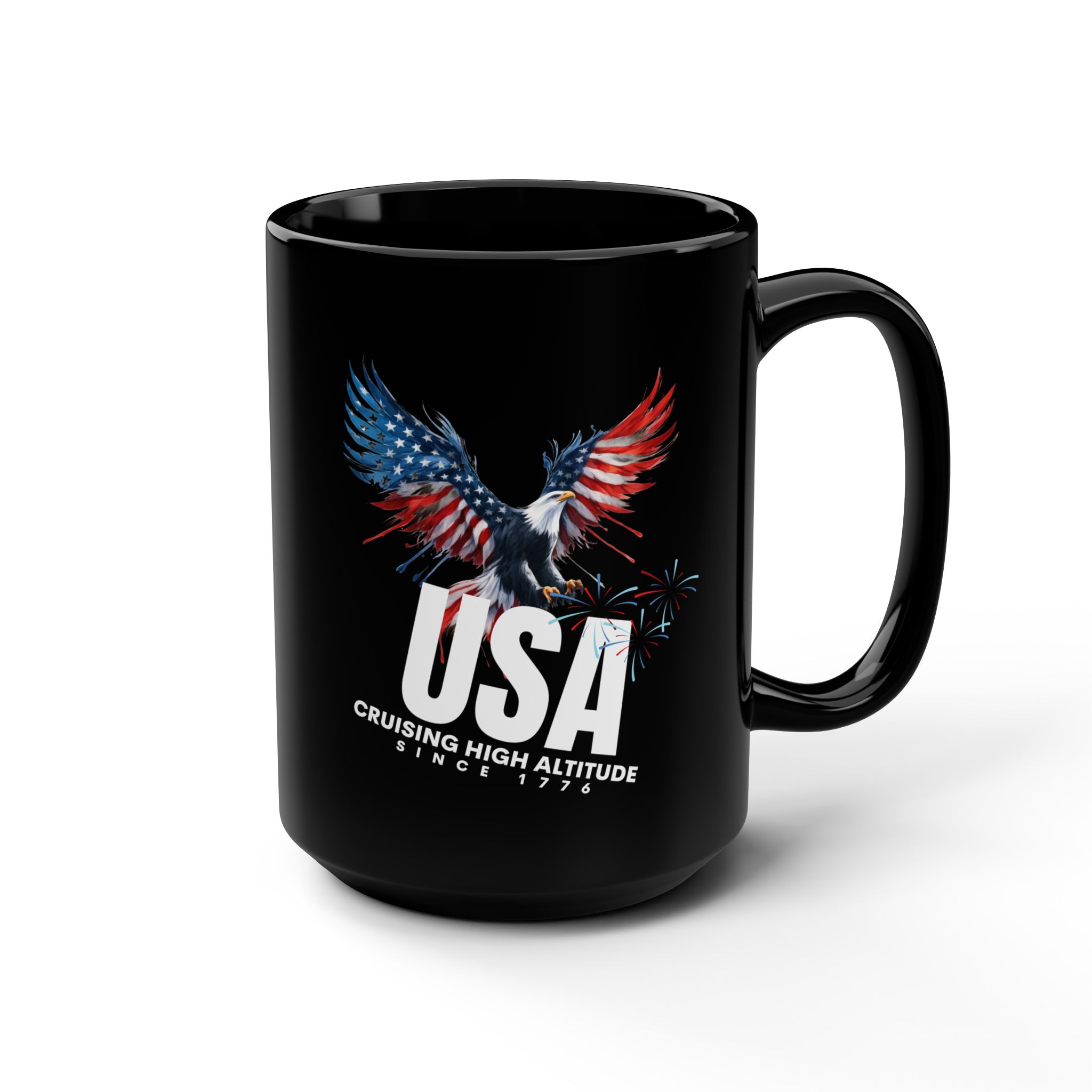 AMERICAN EAGLE, CRUISING HIGH ALTITUDE SINCE 1776, Patriotic Coffee Mug, Black Mug, Gift for Veterans, Fourth of July Decor, USA Spirit, Independence Day