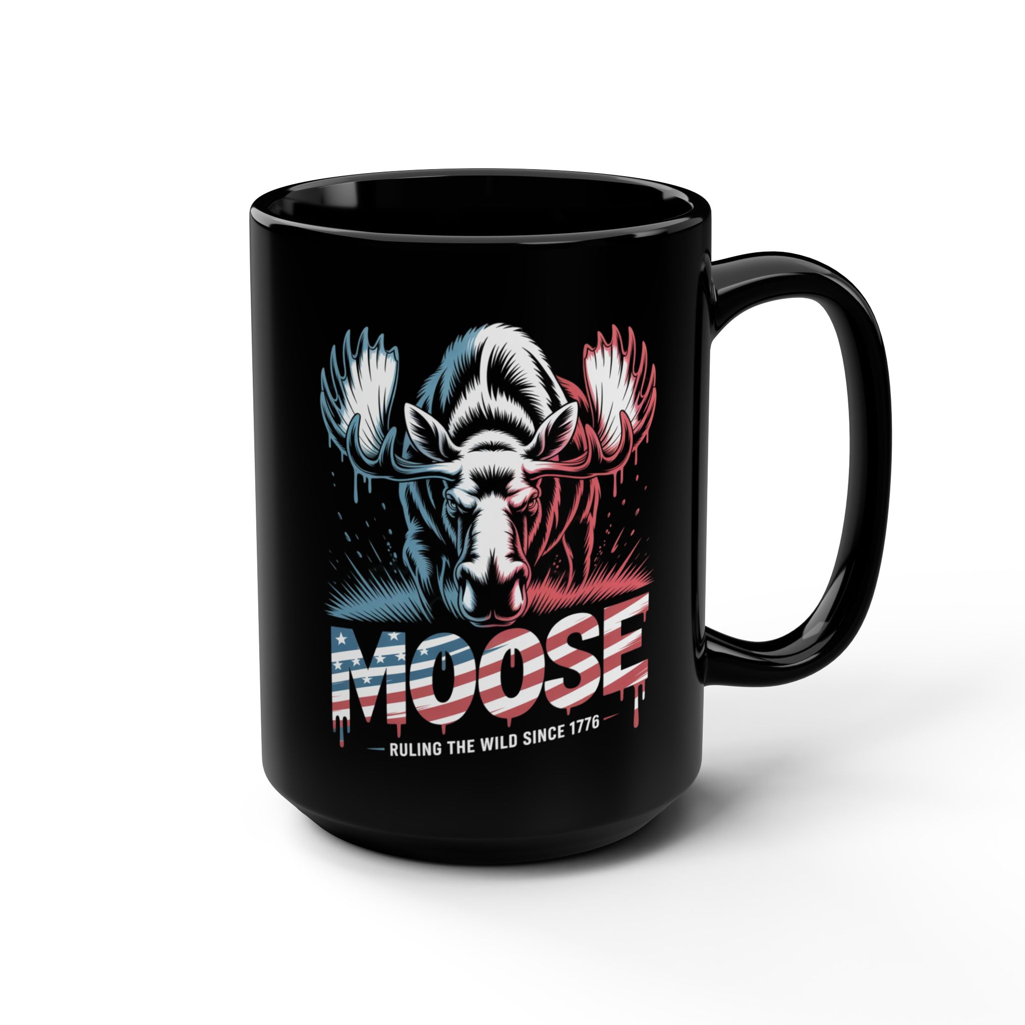 AMERICAN MOOSE, Patriotic Coffee Mug, Black Mug, Gift for Veterans, Fourth of July Decor, USA Spirit, Independence Day
