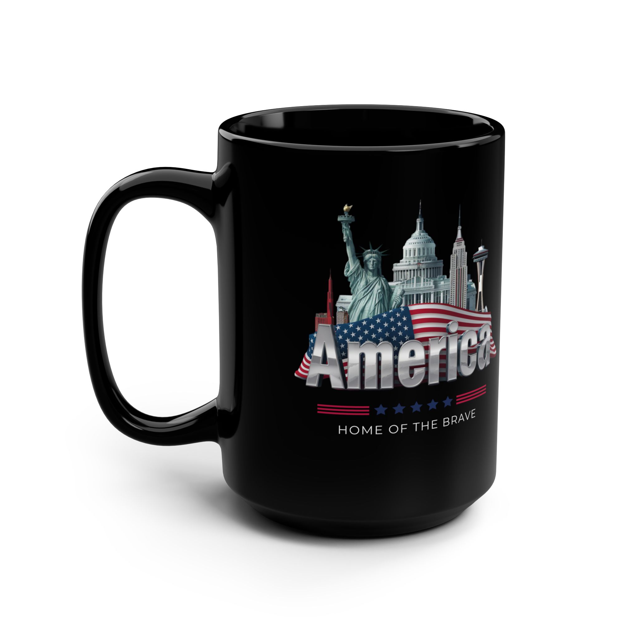 HOME OF THE BRAVE, Patriotic Coffee Mug, Black Mug, Gift for Veterans, Fourth of July Decor, USA Spirit, Independence Day