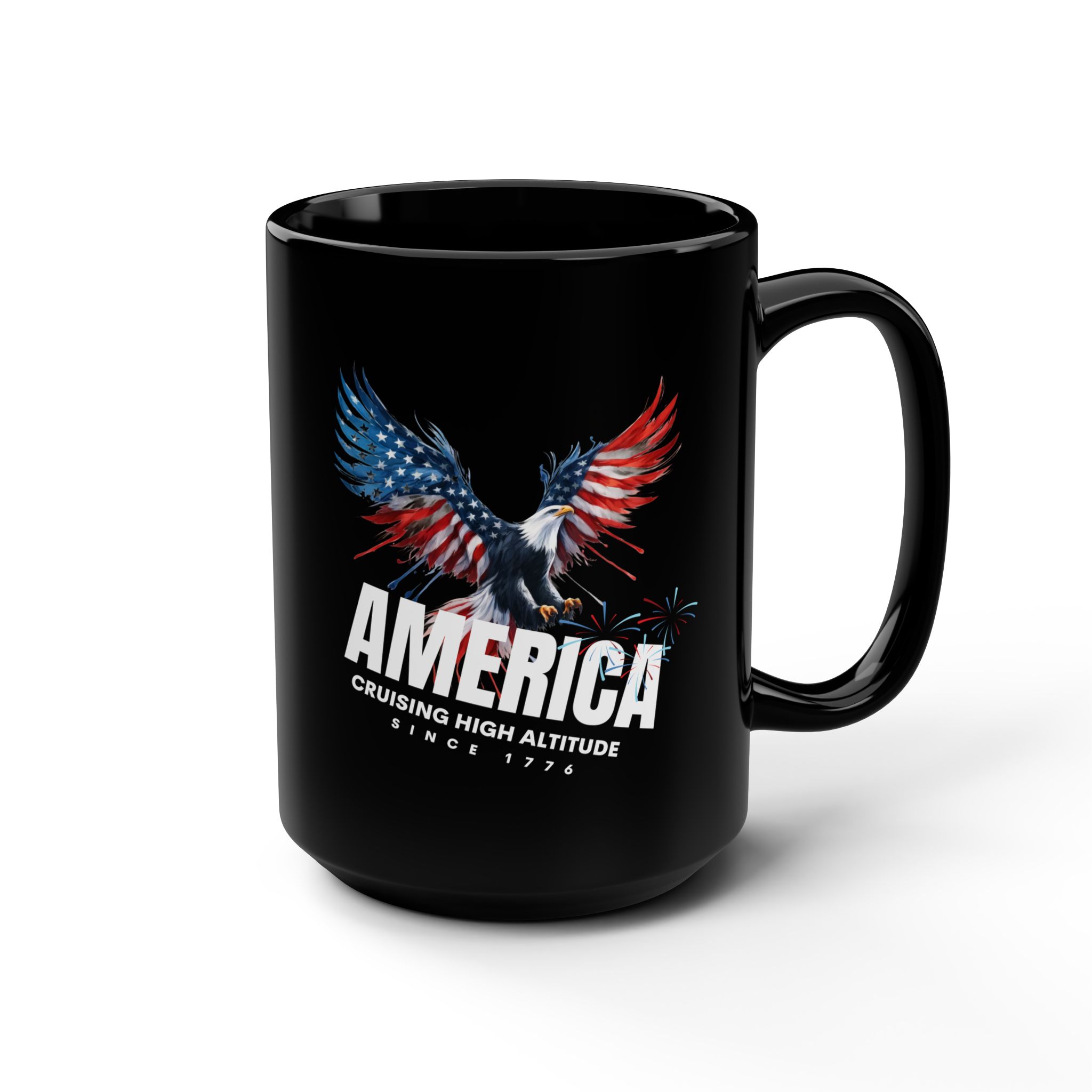 AMERICAN EAGLE(black mug), CRUISING HIGH ALTITUDE SINCE 1776, Patriotic Coffee Mug, Black Mug, Gift for Veterans, Fourth of July Decor, USA Spirit, Independence Day
