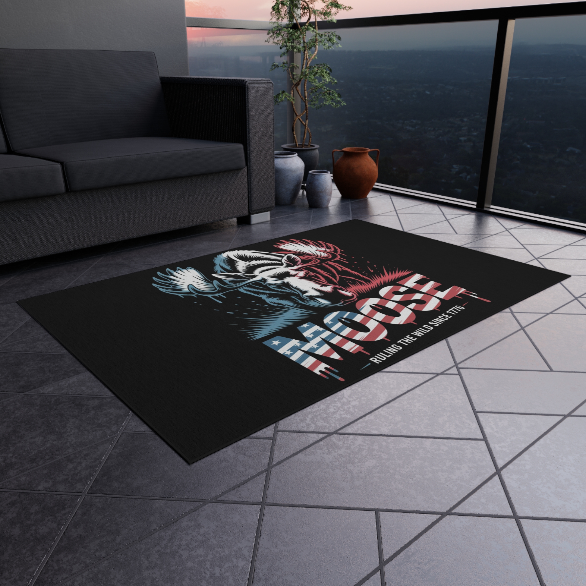 Patriotic Moose Outdoor Rug, Camper Mat, Cabin Decor, Porch Rug, USA Themed Outdoor Decor, Nature Lover Gift