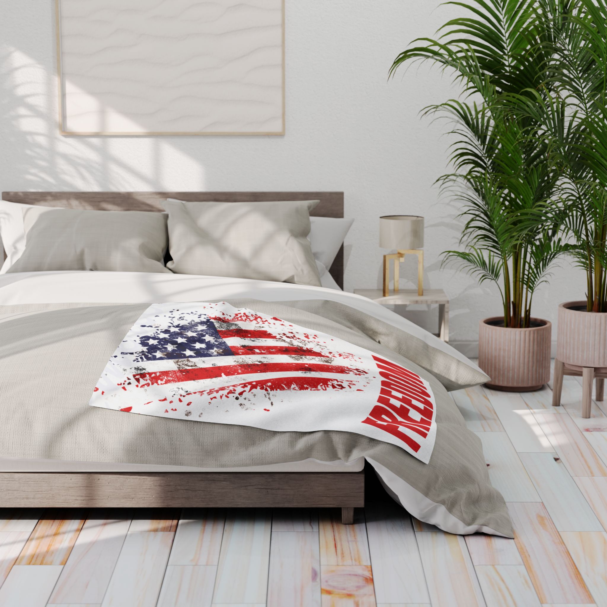 Patriotic Fleece Blanket | Cozy Freedom (WHITE) Throw for USA Lovers, Memorial Day, Independence Day, Home Decor, Gifts