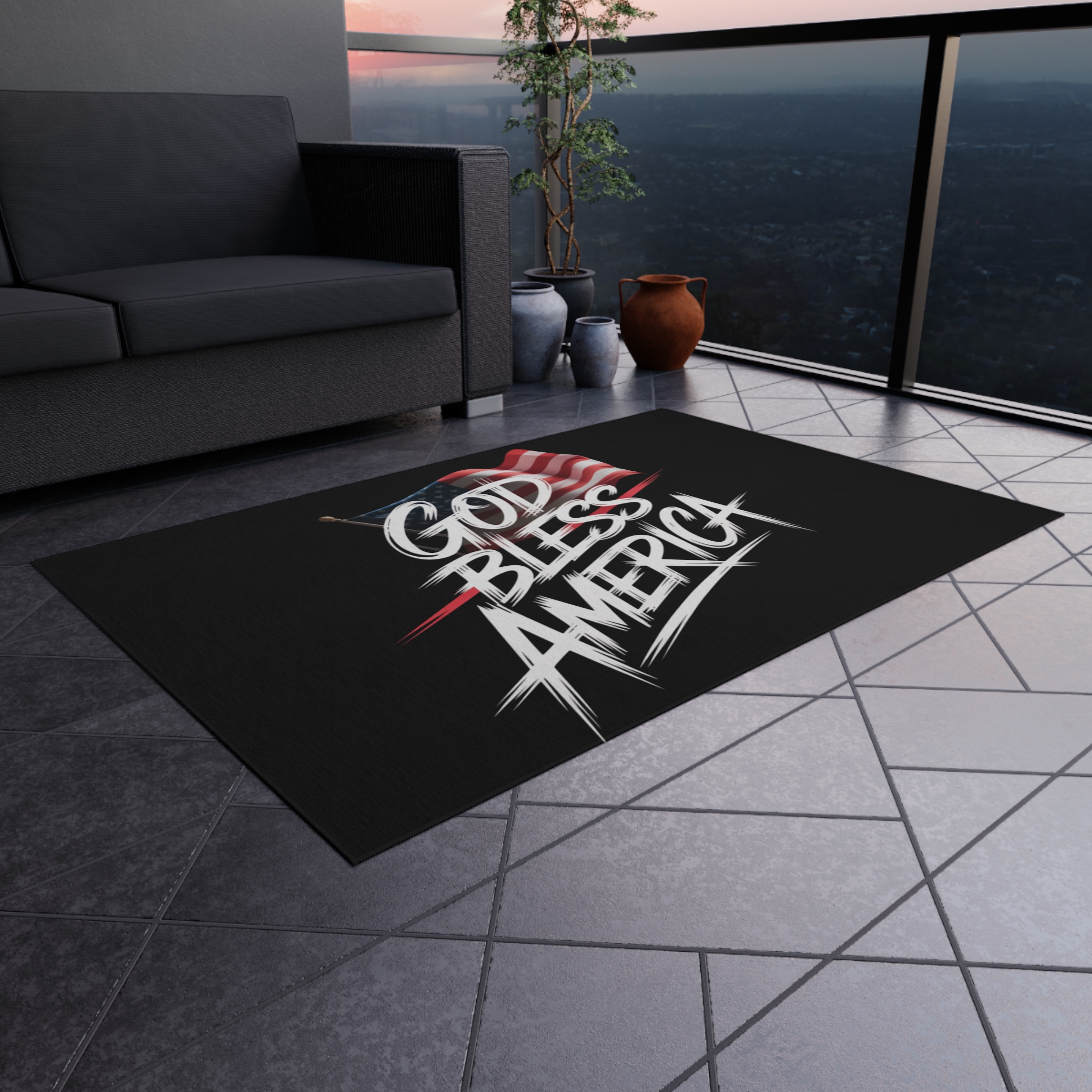 Patriotic Outdoor Rug, God Bless America Area Mat, American Flag Decor, Summer Patio Decoration, Memorial Day, Fourth of July