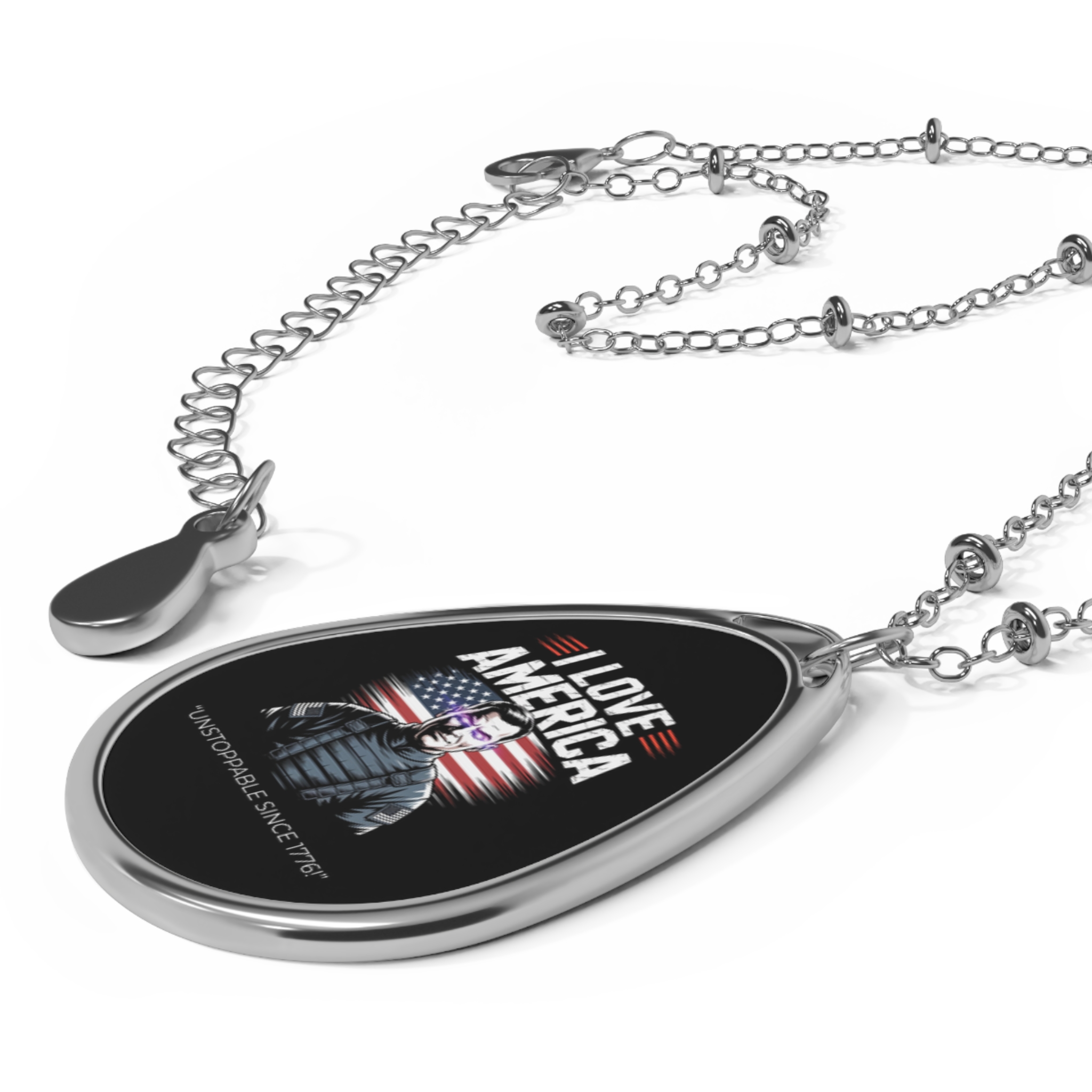Patriotic Oval Necklace, I Love America Jewelry, Independent Day Gift, American Flag Pendant, Casual Everyday Accessory