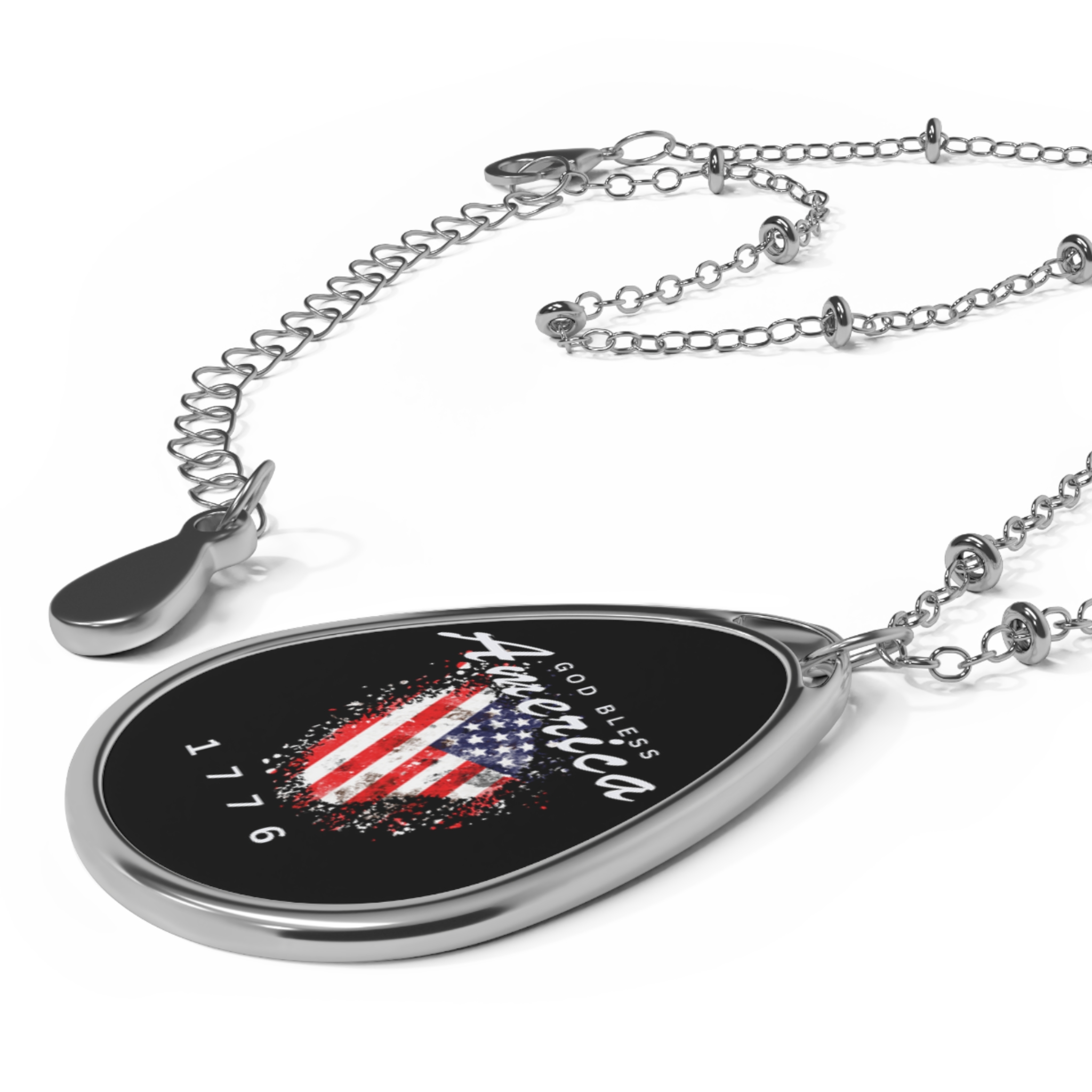 Patriotic Oval Necklace - God Bless America - 1776 Jewelry, USA Necklace, Independence Day Gift, Memorial Day Accessory, Gifts for Her