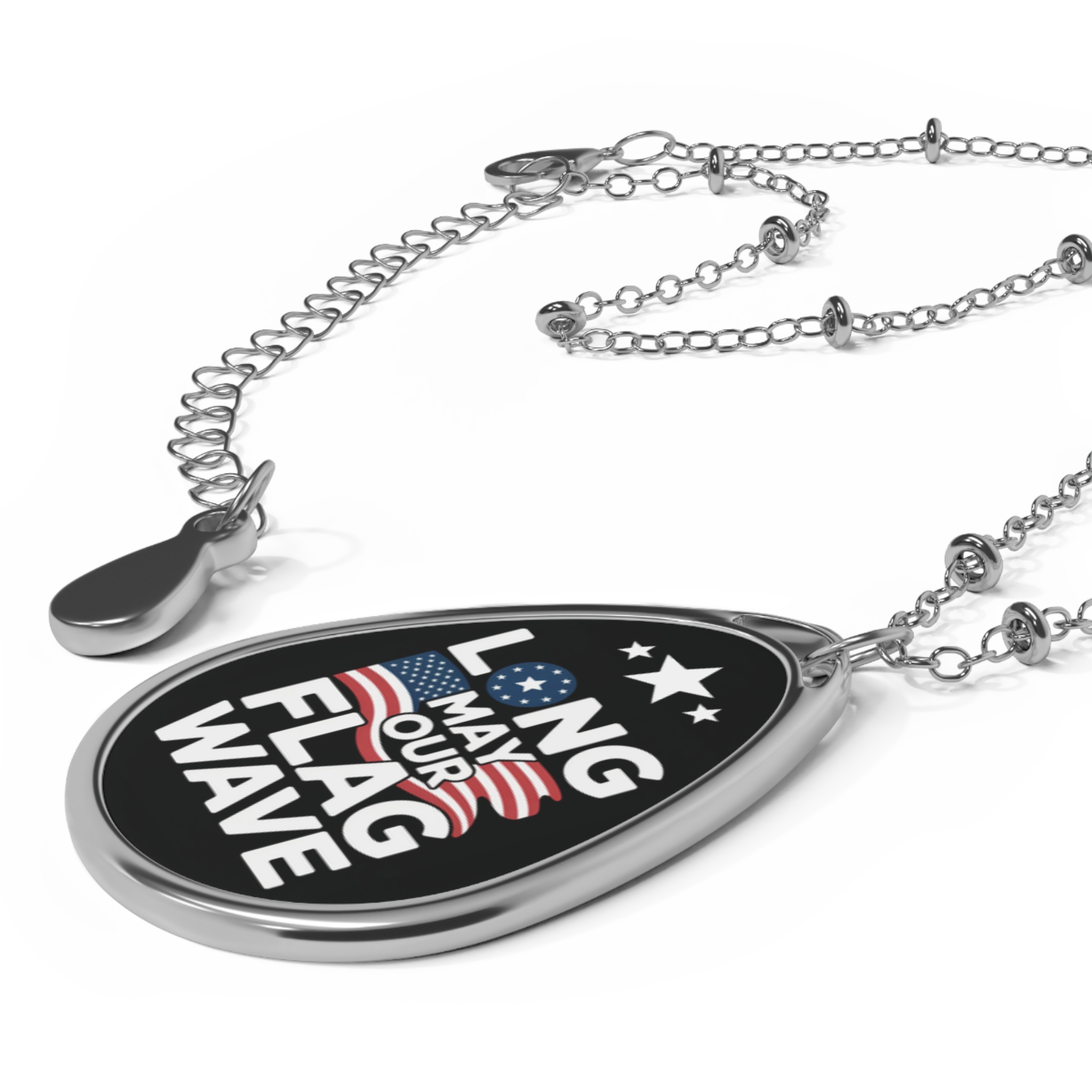 Patriotic Oval Necklace | Long May Our Flag Wave | American Flag Jewelry | Independence Day Gift | Memorial Day Accessory, Gift for Her